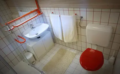 a bathroom with a red toilet and a sink at Apartma Židan in Kranjska Gora