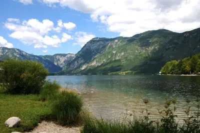 a view of a lake with mountains in the background at Apartment Dijak in Bohinj