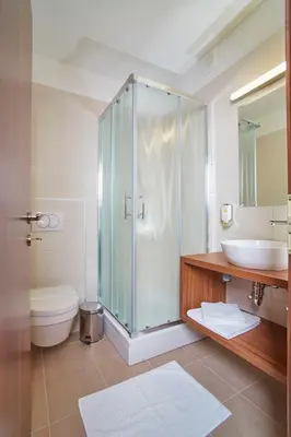 a bathroom with a shower and a sink and a toilet at Hotel Delalut in Ravne na Koroškem