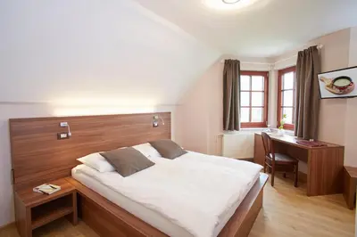 a bedroom with a large bed with a desk and a desk at Hotel Delalut in Ravne na Koroškem