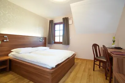 a bedroom with a bed and a desk and a table at Hotel Delalut in Ravne na Koroškem