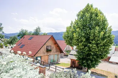 an old barn with a tree in front of it at Youth Hostel Arsviva in Stari Trg pri Ložu
