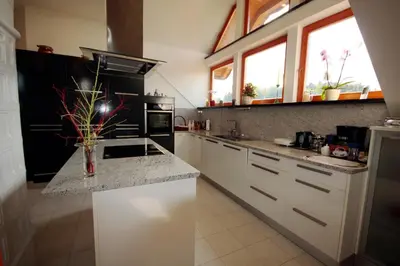 a kitchen with white cabinets and black appliances at Villa Katarina in Mokronog