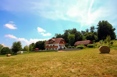 a house on a hill with hay bales in a field at Villa Katarina in Mokronog