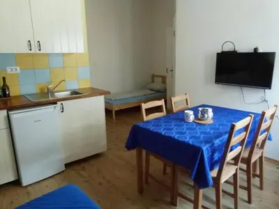 a kitchen with a table with a blue table cloth on it at Soča House Tolmin in Tolmin