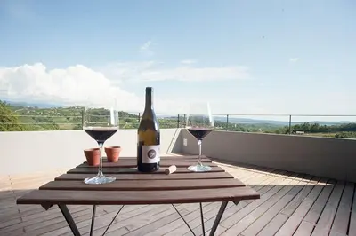 a wooden table with two glasses and a bottle of wine at Apartment Oton Reya in Dobrovo