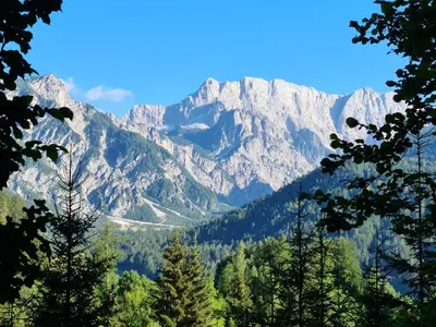 a view of a mountain range with trees in the foreground at Apartments Karmen in Rateče