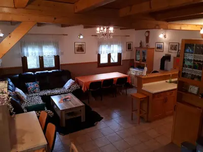 an overhead view of a living room and kitchen at Tourist Farm Znidarjevi in Kožljek