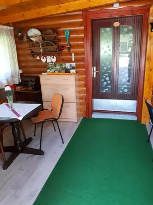a dining room with a table and a green rug at Tourist Farm Znidarjevi in Kožljek