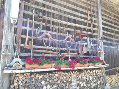 a wooden wall with flowers and plants on it at Tourist Farm Znidarjevi in Kožljek