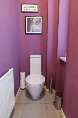 a bathroom with a white toilet in a purple wall at Tomas's apartment in Ljubljana