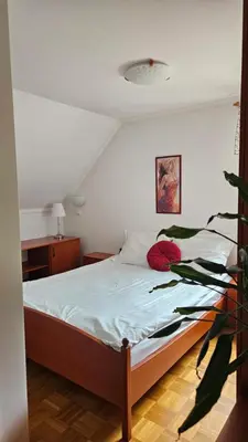 a bedroom with a bed with white sheets and red pillows at Guest House Pod Grebenom in Podčetrtek