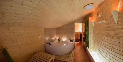 a bathroom with a tub in a wooden wall at Janezinovi House in Ratečevo Brdo