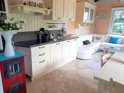a kitchen and living room with a red stove at Holiday Home Slavi in Vipava