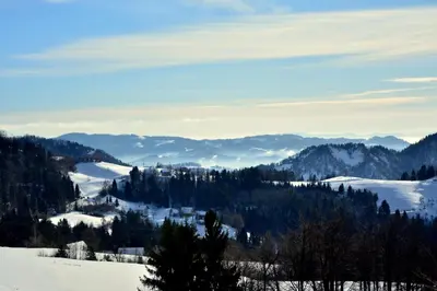 a view of a snowy mountain with trees and mountains at Apartments Gatej in Cerkno