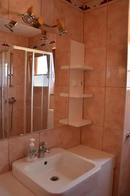 a bathroom with a sink and a shower and a mirror at Apartments Gatej in Cerkno