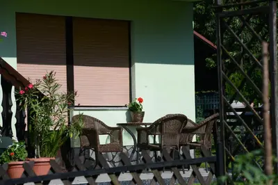 two wicker chairs sitting on a porch with plants at Zeleni apartma Zreče in Zreče