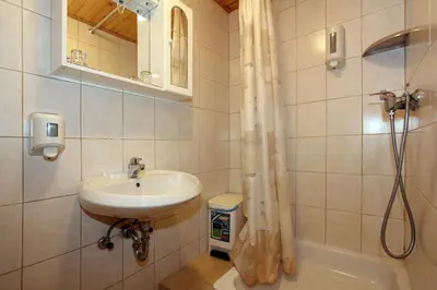 a bathroom with a sink and a shower at Zeleni apartma Zreče in Zreče