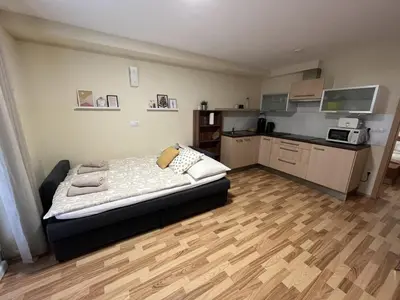 a small bedroom with a bed and a kitchen at Apartma Slivnik in Spodnje Gorje
