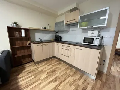 a kitchen with a counter with a microwave on it at Apartma Slivnik in Spodnje Gorje