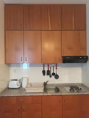a kitchen counter with wooden cabinets and a sink at Apartment on Zdraviliski trg 7 in Rogaška Slatina
