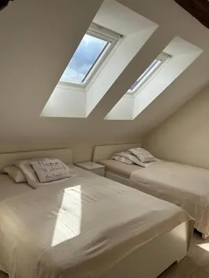 a attic bedroom with two beds and two windows at Apartment Belaj in Celje