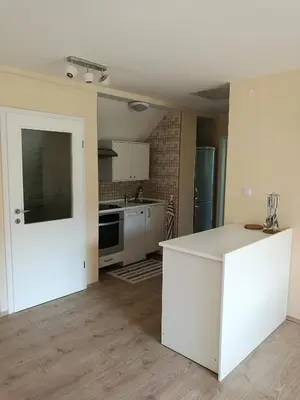 a kitchen with a white island in a room at Apartment Belaj in Celje