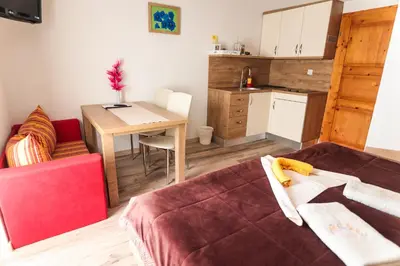 a room with a bed and a table and a kitchen at EkoTurizem Viženčar in Cerklje na Gorenjskem