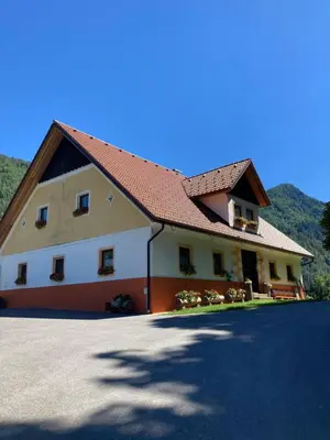 a large white building with a red roof at Tourist farm Gradišnik in Solčava