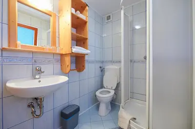 a bathroom with a sink and a toilet and a mirror at Turistična kmetija Stoglej in Luče