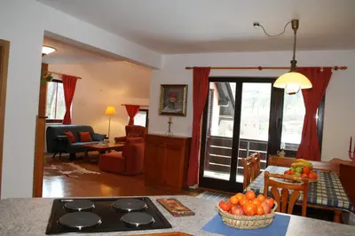 a kitchen and living room with a stove top oven at Apartments Lovšin in Mozirje