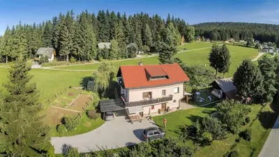 an aerial view of a house with a red roof at Apartment Panorama in Zreče