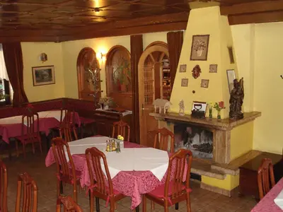a dining room with a table and a fireplace at Penzion Gostilna Keber in Domžale