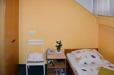 a bedroom with a bed and a desk and a ladder at Penzion Gostilna Keber in Domžale