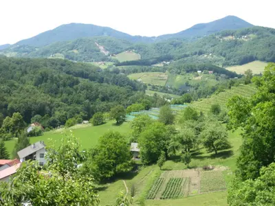 a view of a valley with mountains in the background at Hiša Koražija in Rogaška Slatina
