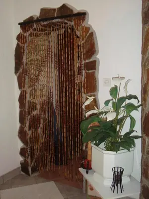 a room with a stone fireplace with a potted plant at Hiša Koražija in Rogaška Slatina