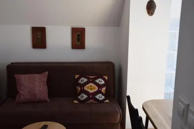 a brown couch with two pillows on it in a room at Tourist farm Samec in Sele