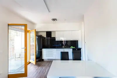 a kitchen with white cabinets and a black refrigerator at Apartments Plan Kranjska Gora in Kranjska Gora