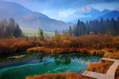 a pond in the middle of a forest with mountains at Apartments Plan Kranjska Gora in Kranjska Gora