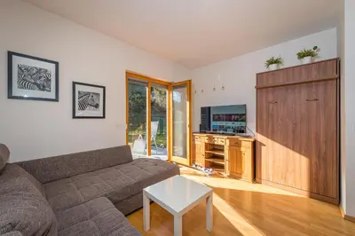 a living room with a couch and a tv at Apartments Plan Kranjska Gora in Kranjska Gora