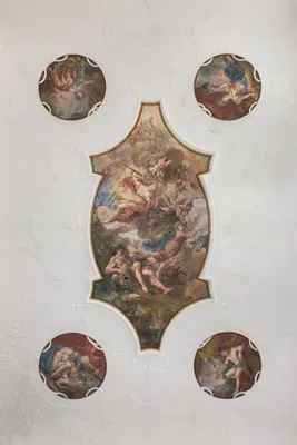 a ceiling with a painting on the ceiling at Codelli Deluxe Fresco City Centre APP With Balcony in Ljubljana