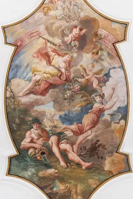 a painting on the ceiling of a building at Codelli Deluxe Fresco City Centre APP With Balcony in Ljubljana