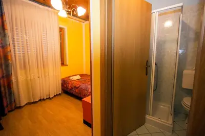 a bathroom with a shower and a bed in a room at Tourist Farm Gregorič in Zalošče