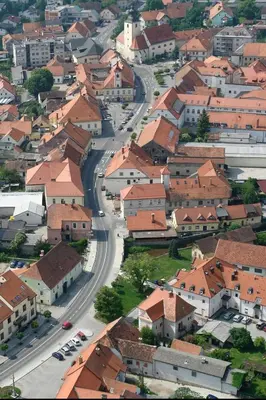 an aerial view of a town with a road and houses at Guesthouse Veles in Slovenska Bistrica