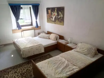 a bedroom with two beds and a window at Guesthouse Veles in Slovenska Bistrica