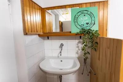 a bathroom with a white sink and a mirror at Emona Guesthouse Ljubljana in Ljubljana