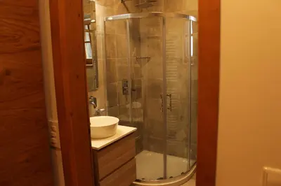 a bathroom with a shower and a sink at Apartment Appohorje in Pohorje