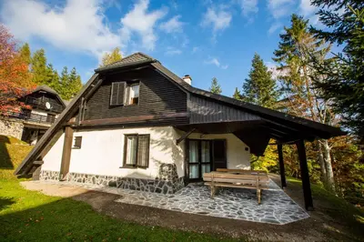 a house with a bench in front of it at Rogla Chalet Urska in Resnik