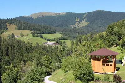 a gazebo on a hill next to a river at Apartments Peternelj in Cerkno
