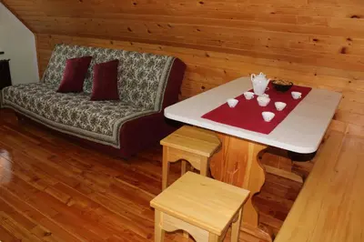 a living room with a table and a couch at Apartments Peternelj in Cerkno